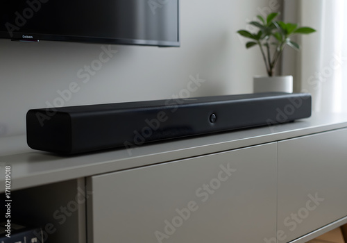 Modern soundbar on cabinet with plant and television