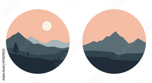 Two circular landscape designs featuring mountains and a rising sun