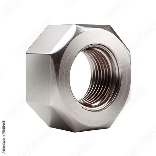 Close-up metallic nut with internal threading for mechanical fastening applications
