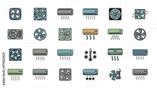 Artboard Air Conditioning Icons – Colorful Silhouette Icon Set with Black Margin, HVAC and Cooling Symbols