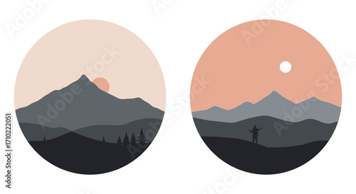Minimalist mountain landscape designs in circular frames nature inspired imagery