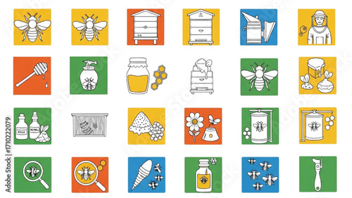 High-Quality Color Silhouette Beekeeping & Honey Production Icon Set – Icons on White Background