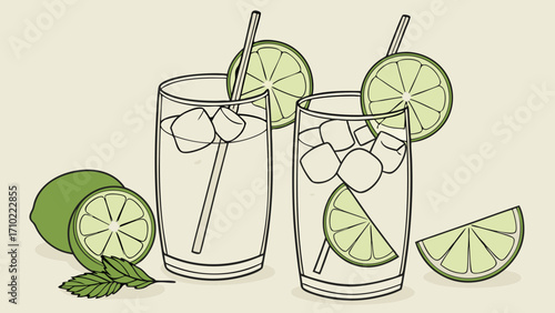 Two refreshing lime drinks with ice and mint garnish summer cocktails vector illustration.