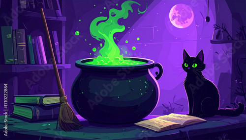 Enchanting illustration of a witch's cauldron bubbling with green potion, a black cat, and spellbooks under a full moon