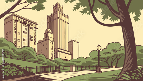 Urban Park with Tall Buildings Green Trees and a Walkway in Vintage Style Illustration.