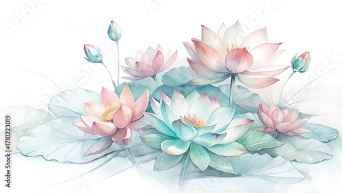 Wallpaper Mural Serene watercolor lotus flowers bloom gently with delicate pastel hues and lush green leaves Torontodigital.ca
