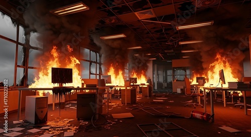 A fire rages through an office space, engulfing desks and computers in intense flames.