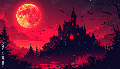 Mystical blood moon illuminates a gothic castle silhouette amidst a spooky forest with bats flying