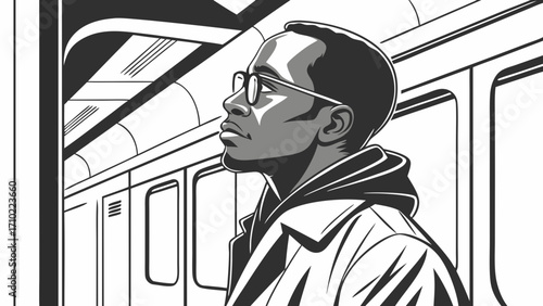 Waiting for the train monochrome illustration of a person on public transport.