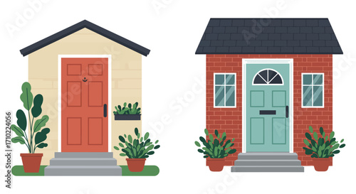 Charming illustrated houses with distinct colors and simple architectural details