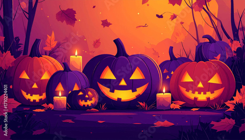 Spooky Jack-o'-lanterns and candles illuminated by a warm glow, set against a deep purple twilight sky with falling autumn leaves