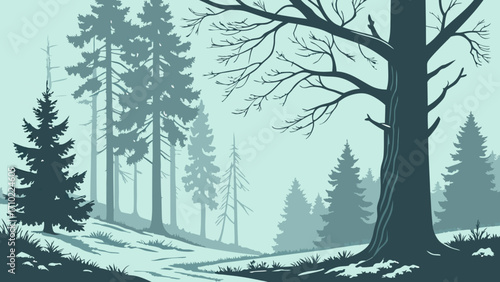 Winter forest landscape snowy path evergreen trees tranquil nature scene serene winter woods snowy woodland illustration minimalist winter forest stylized winter trees peaceful forest sce.