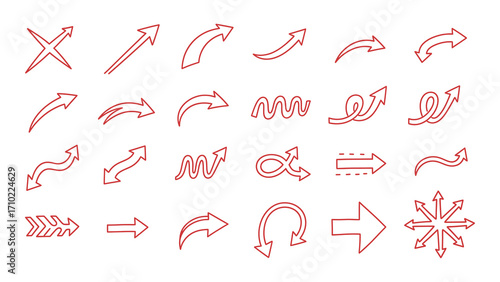 Set of red handdrawn arrow icons isolated on white background