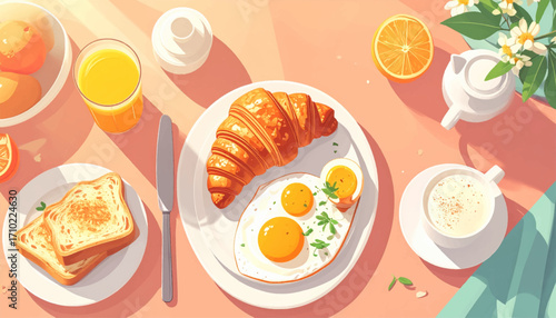 Delicious Breakfast Spread Croissant, Eggs, Toast, and Fresh Orange Juice on a Sunny Morning