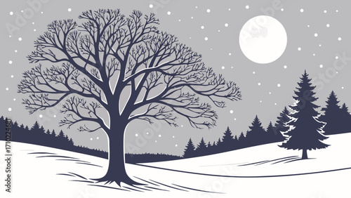 Winter Night Landscape Snowy Scene Trees Silhouette Moonlit Forest Cold Weather Illustration Holiday Card Design Winter Wonderland Background Christmas Graphic Frozen Nature Seasons Gree.