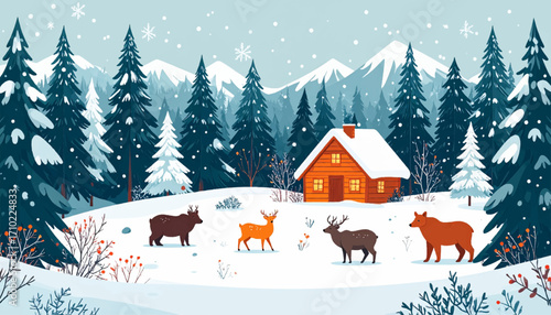 Serene Winter Landscape with Cozy Cabin and Wildlife Amidst Snowfall