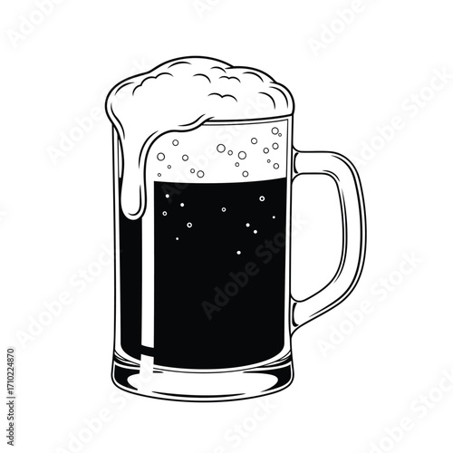 Vector art of frothy beer mug, featuring a dark brew with overflowing foam, perfect for a refreshing drink at the pub or bar