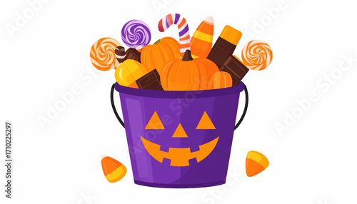 Vibrant Halloween Candy Bucket Overflowing with Pumpkins and Sweets, Perfect for Trick-or-Treating Fun