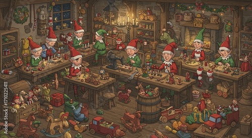 Busy Christmas Elves Working Diligently in Santas Magical Toy Workshop.
