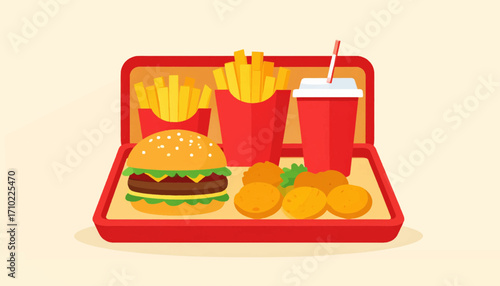 Fast food meal with burger, fries, nuggets, and a drink served on a tray, a popular quick and convenient dining option