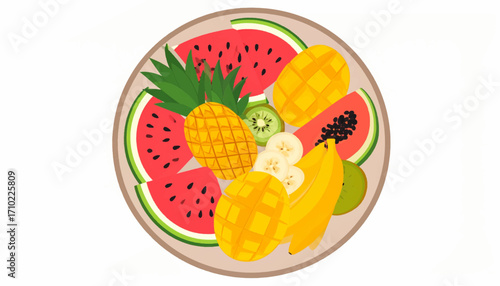 Vibrant flat vector illustration of a tropical fruit platter with fresh slices of watermelon, mango, pineapple, and papaya for a healthy summer snack