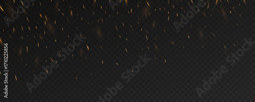 Abstract glowing fire sparks and soft light effect on a dark transparent background. Burning particles for gaming battle design, fantasy scenes or dramatic visual concept. Vector illustration.