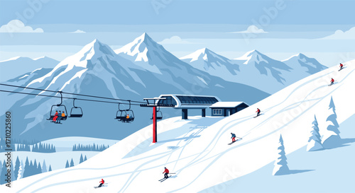 Skiers Enjoying Wellness and Fitness on Snowy Slopes at Alpine Destination, Illustration of Fun and Relaxation