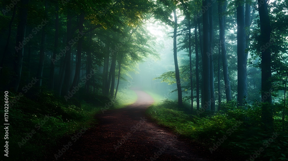 Naklejka premium Serene forest path winding through lush greenery, with mist softly enveloping trees at dawn