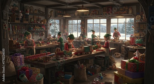 Santas Workshop - Elves Crafting Toys in a Cozy Interior.