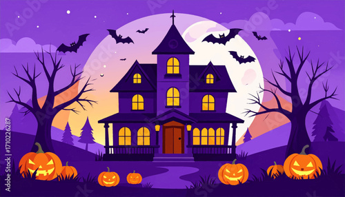 Halloween night illustration with a purple haunted mansion, carved pumpkins, and bats flying in front of a big moon