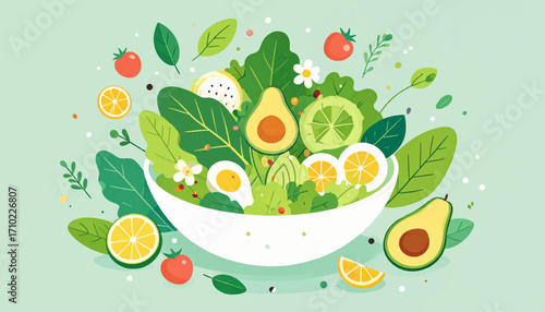 Fresh and Healthy Avocado Salad with Leafy Greens and Vegetables, a Vibrant Culinary Creation