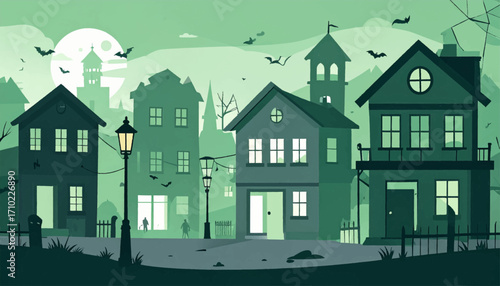 Eerie Halloween night in a haunted neighborhood with old houses, flying bats, and a mysterious full moon, creating a spooky atmosphere for festive season designs