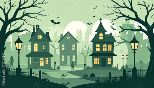 Eerie Halloween night scene in a spooky cartoon village with haunted houses, glowing lights, and walking monsters under a full moon