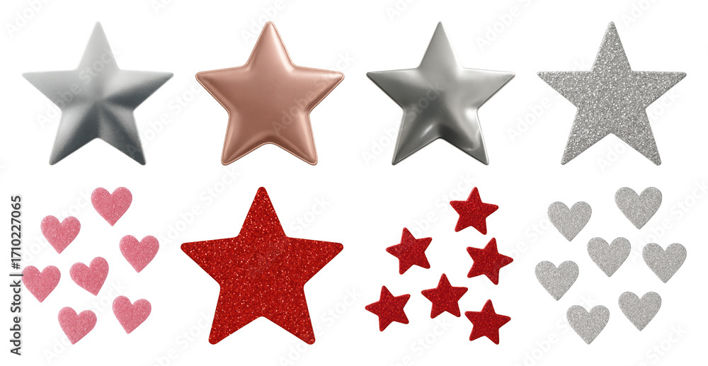 Obraz premium PNG Colorful metallic and glitter stars, element set on transparent background
