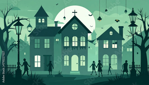 Moonlit spooky village illustration with stylized houses, bare trees, and silhouetted figures, capturing a mysterious and eerie autumn night atmosphere