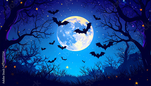 Enchanting Halloween Night Scene with Bats Silhouetted Against a Full Moon Amidst Spooky Trees and Twinkling Stars