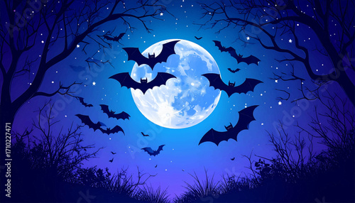 Mystical Halloween Night Bats and Full Moon over Silhouetted Trees
