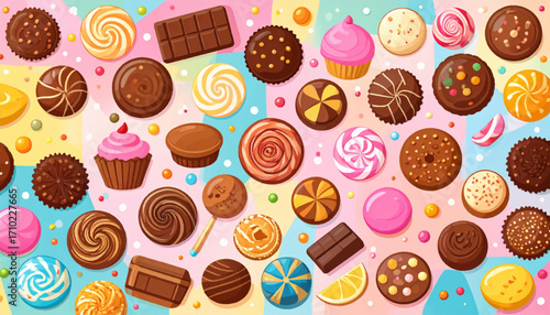Colorful top-down view of a variety of sweet desserts, including chocolates, candies, and cupcakes, creating a delicious pattern