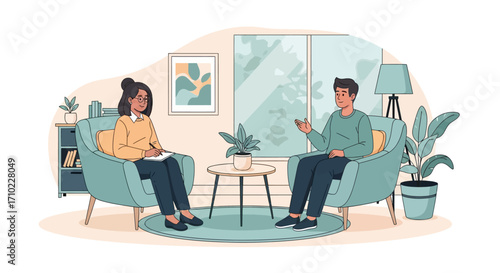 Psychotherapy concept showing a patient discussing problems with a female psychologist during a counseling session for mental health support