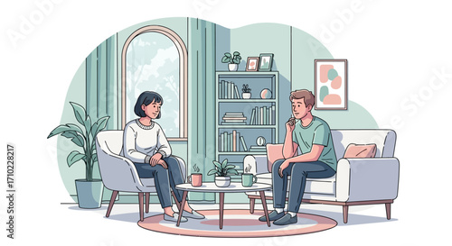 Therapy Session A Supportive Conversation Between a Therapist and Patient in a Calm Setting