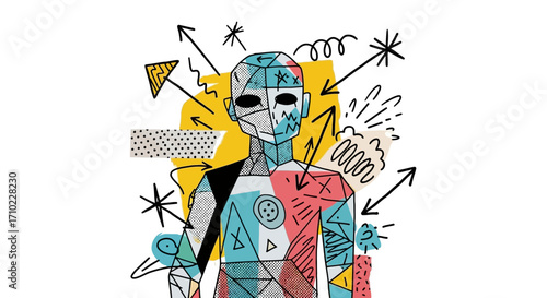 Abstract Humanoid Figure with Geometric Patterns and Arrows