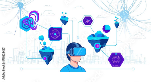 Man wearing a virtual reality headset explores an interconnected digital metaverse. Futuristic concept of immersive technology and cyberspace