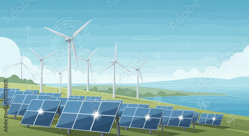 Sustainable Future Landscape with Green Energy Solutions A Vision of Clean Power Generation Through Modern Solar Panels and Wind Turbines on a Rolling Hillside