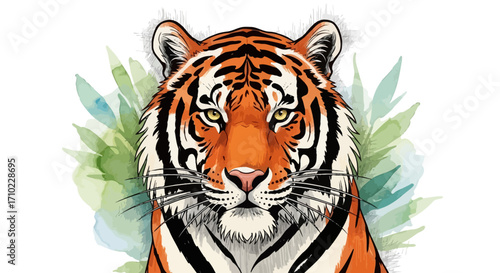 Captivating watercolor illustration of a majestic tiger, its intense gaze and vibrant stripes embodying the untamed spirit and raw power of the wild