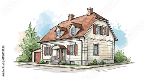 Charming hand-drawn illustration of a traditional European-style house with a red roof, showcasing classic architecture and cozy residential living perfect for real estate and home design concepts