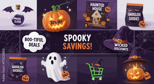 Festive autumn holiday sale graphic collection with spooky characters and shopping elements for online promotion