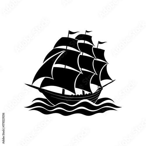 Black silhouette of a sailing ship at sea on transparent background