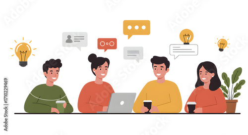Three people sitting at a table with laptops and talking for business presentation, website design, technology blog, or digital marketing