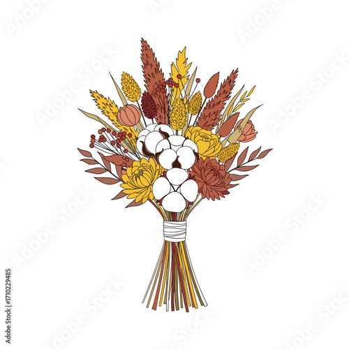 Autumn bouquet with leaves and cotton isolated on transparent background