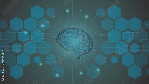 Futuristic AI brain design with circuit board pattern and hexagon shapes on a glowing blue tech background, ideal for innovation, data, machine learning and digital concepts.